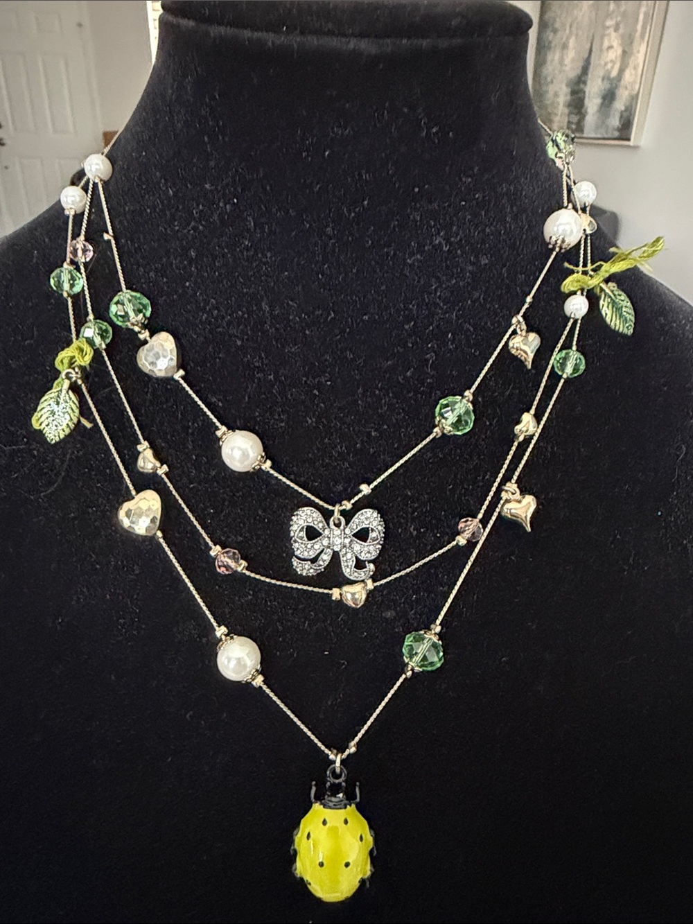 Betsey Johnson Green & Yellow Multi-Strand Crystal, Pearl & Bow Necklace